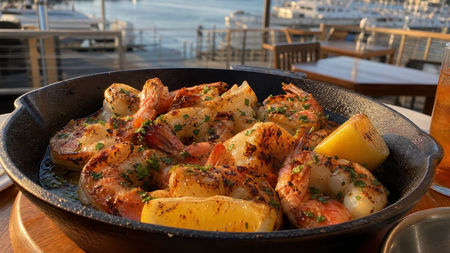 Chargrilled Gulf shrimp skillet served at a Destin waterfront restaurant at golden hour with harbor views