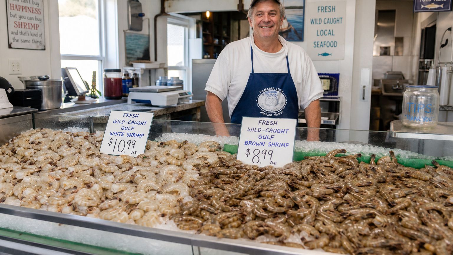 Fresh Gulf white and brown shrimp on display at a local Destin, Florida seafood market counter