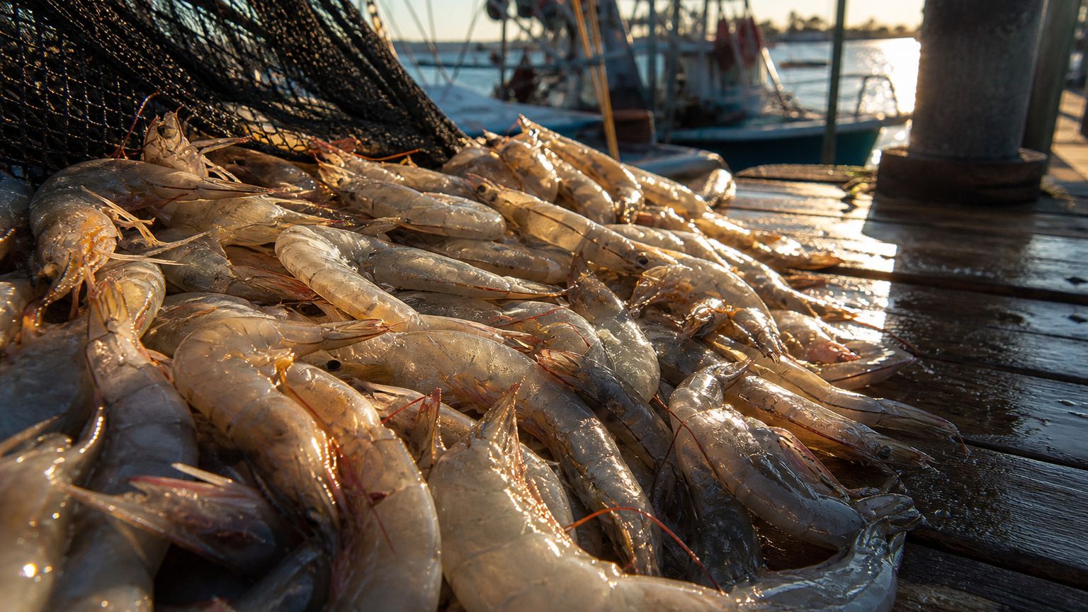 Fresh wild-caught Gulf white shrimp just off the commercial shrimp boat at a Destin, FL dockside market