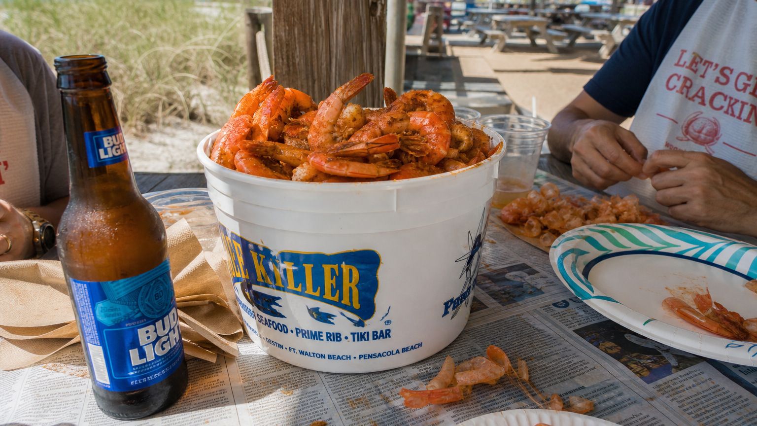 Bucket of steamed Old Bay Gulf shrimp with cold beer on a newspaper-lined picnic table at a casual Destin, FL seafood shack