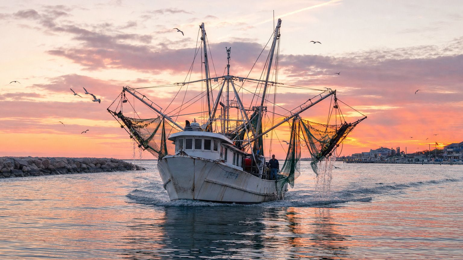 Gulf shrimp trawler returning to Destin Harbor at dawn with nets raised after an overnight shrimping run