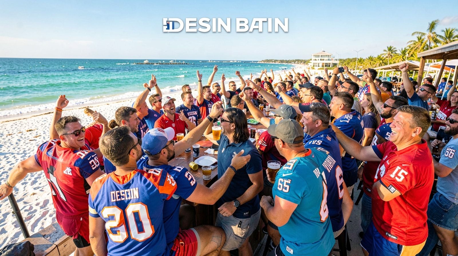 Fans in SEC college football team colors cheering at an outdoor bar in Destin Florida