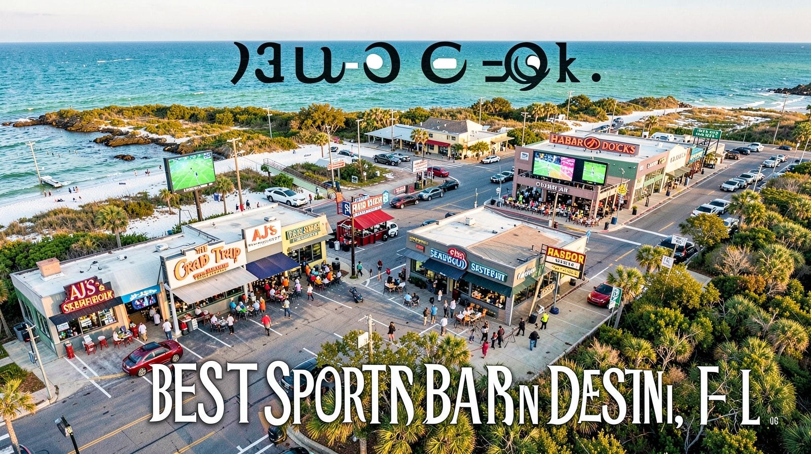 Aerial view of the US-98 commercial strip in Destin Florida on a fall afternoon near sports bars