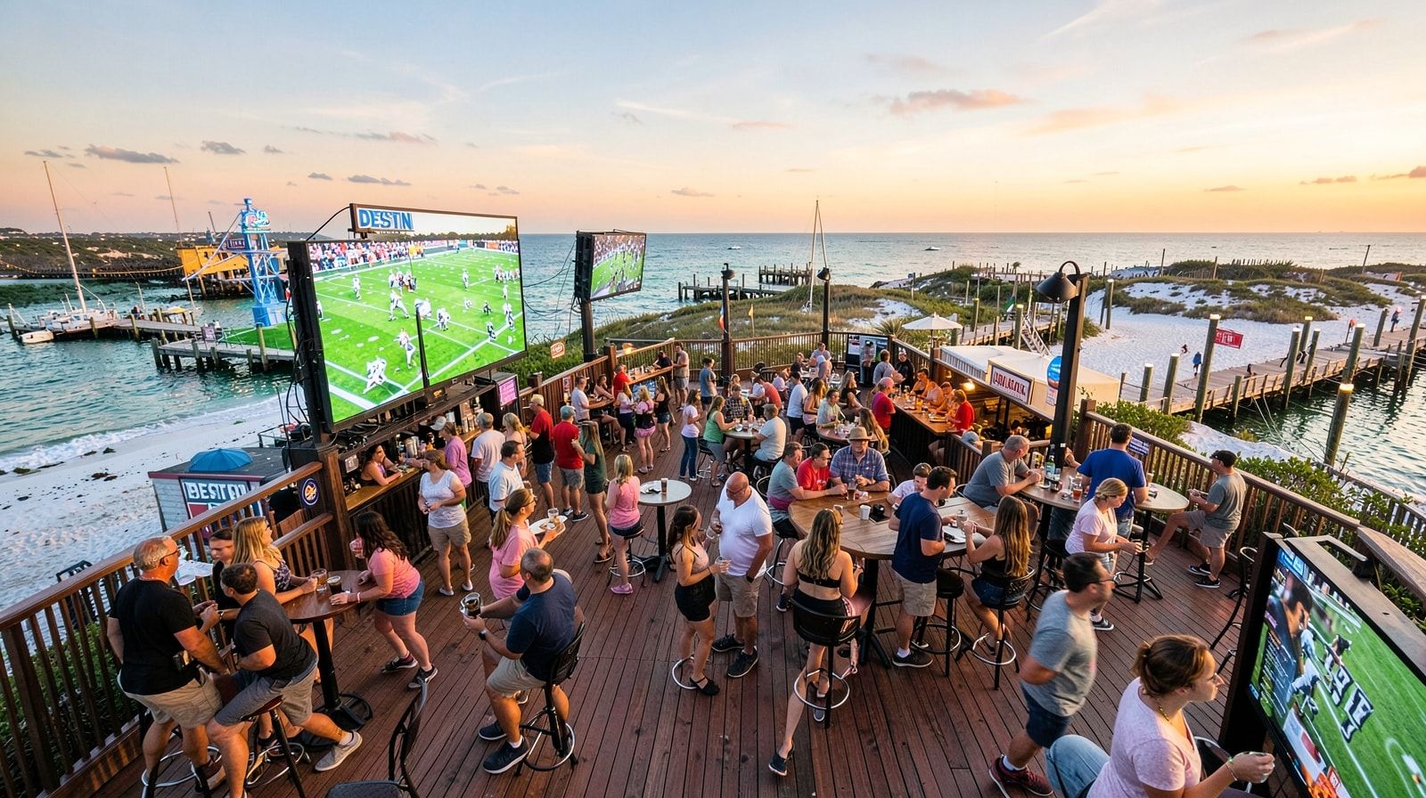 Waterfront bar deck at Destin HarborWalk Village in the evening with TVs showing football