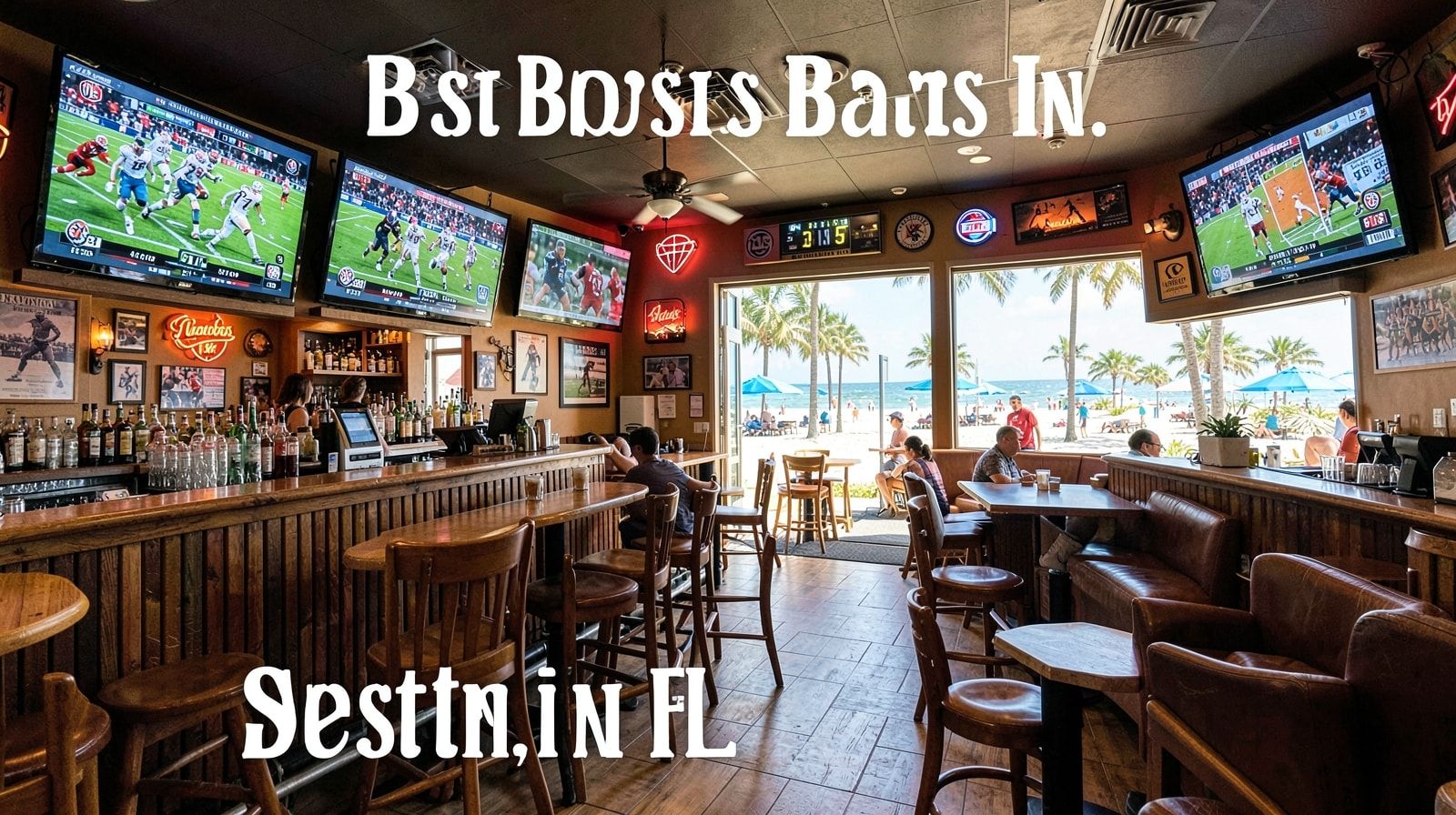 Interior of a casual sports bar in Destin Florida with multiple TV screens showing different games