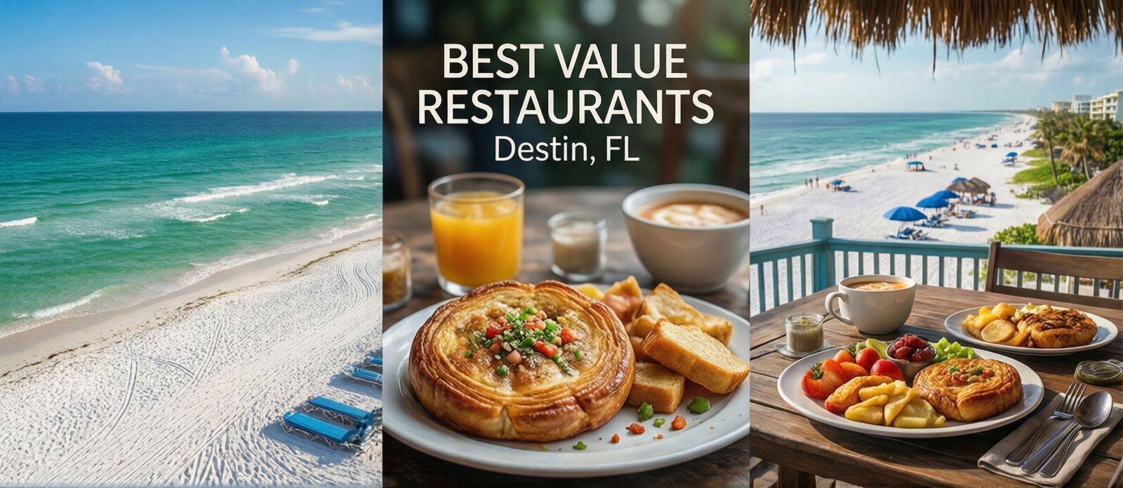 Enormous stack of fluffy buttermilk pancakes with eggs and crispy bacon at a packed casual diner in Destin Florida with morning light through the windows