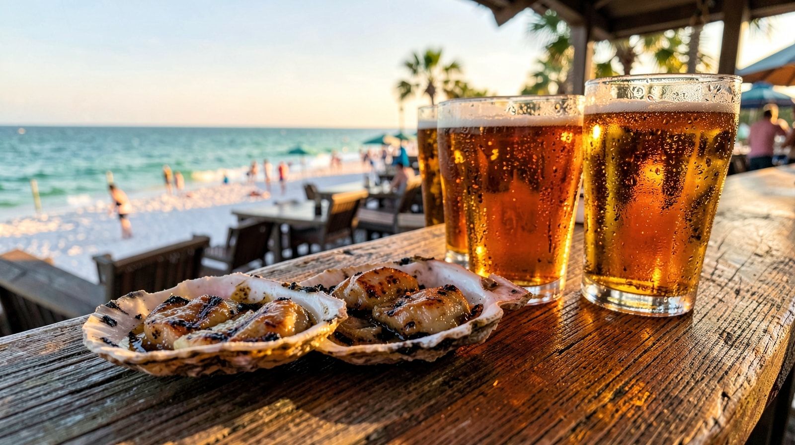 Chargrilled oysters on the half shell and cold draft beers on a weathered outdoor bar at a Destin Florida waterfront restaurant during golden hour