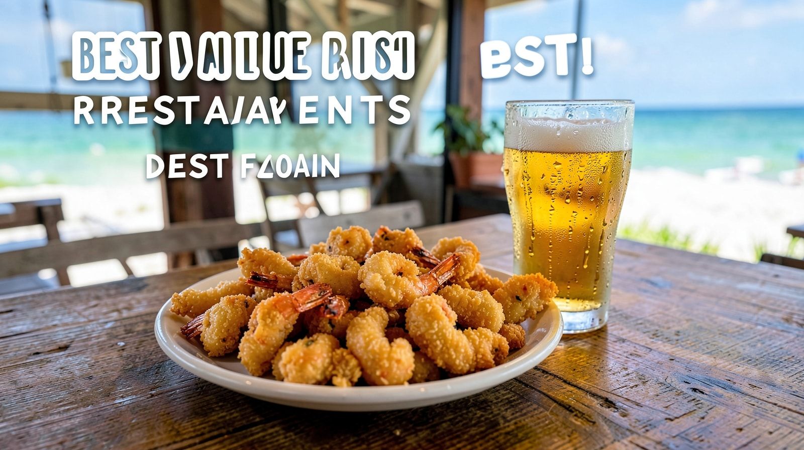 Generous platter of golden fried Gulf shrimp with hushpuppies at a casual Florida Panhandle fish house with cold beer on the table