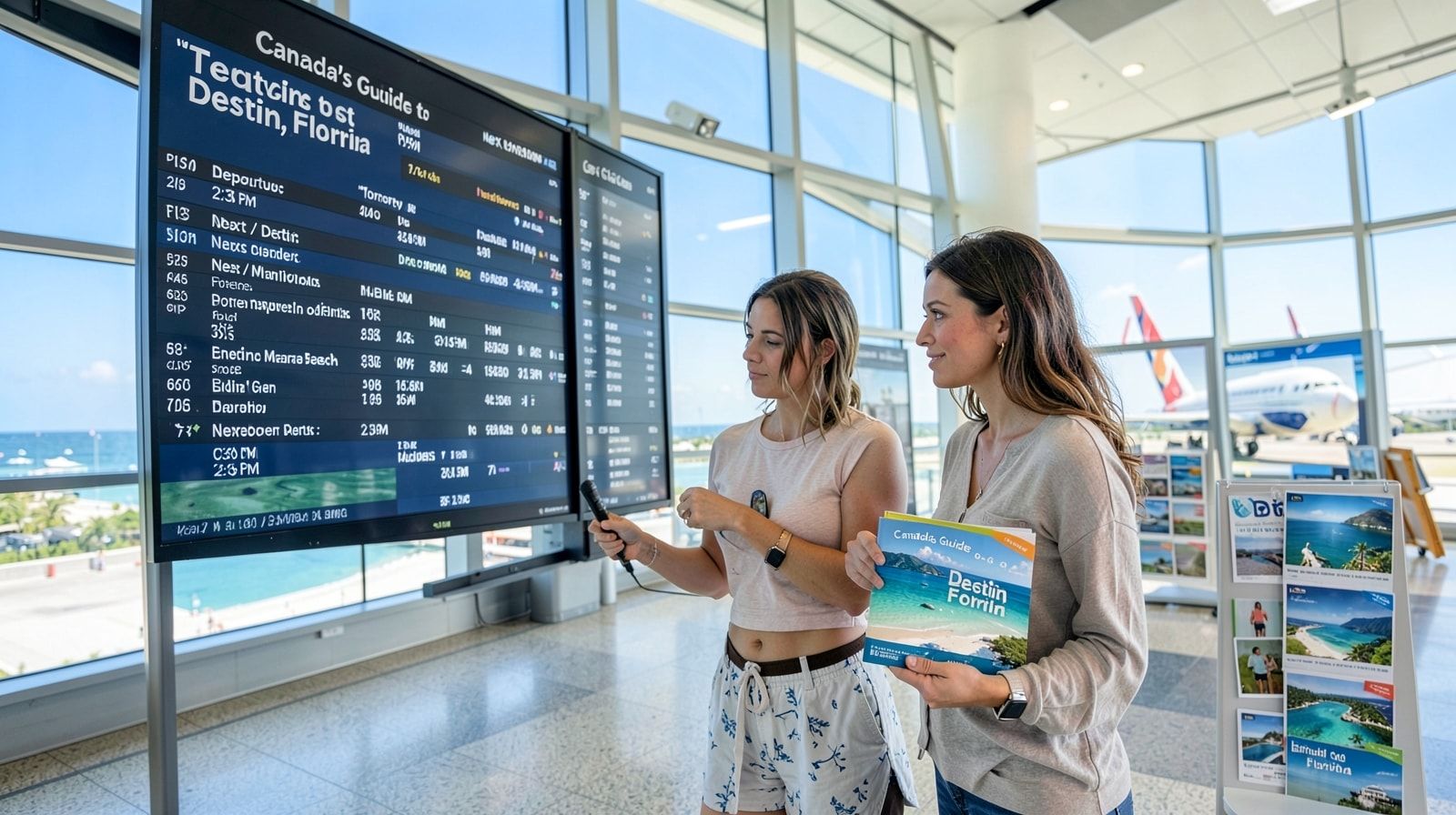 Couple at a regional Florida airport terminal checking departure boards before flying in from Canada