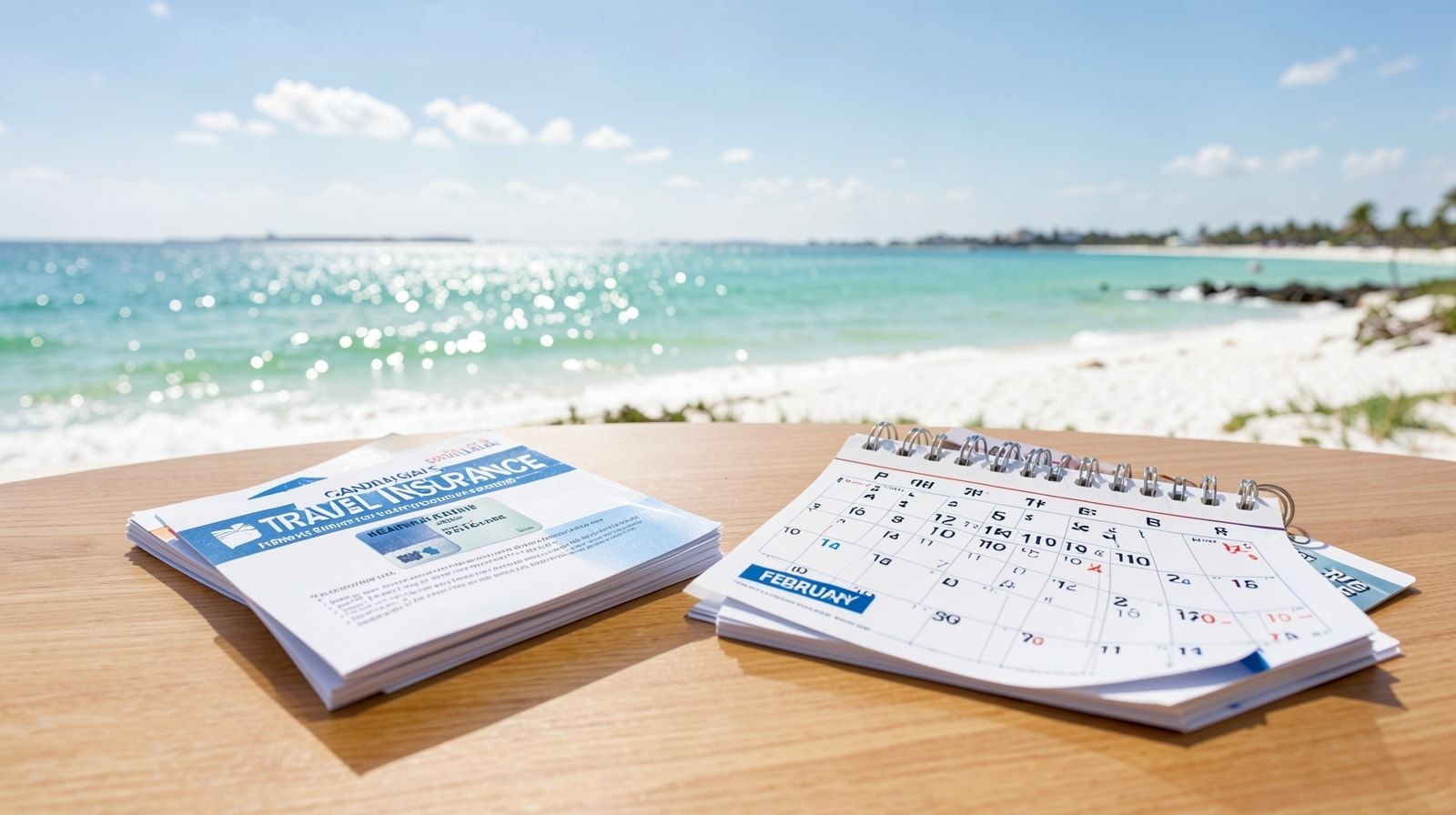 Travel insurance documents, health card, and calendar arranged on a desk for snowbird trip planning