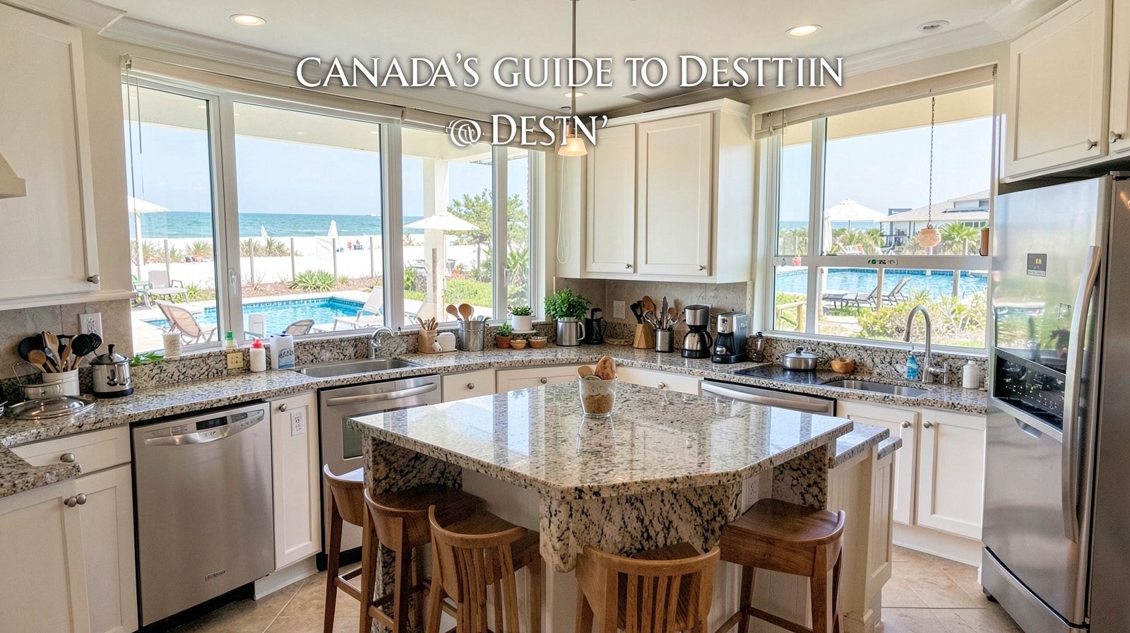 Well-stocked Florida vacation rental kitchen with morning light and backyard pool view, ready for an extended stay