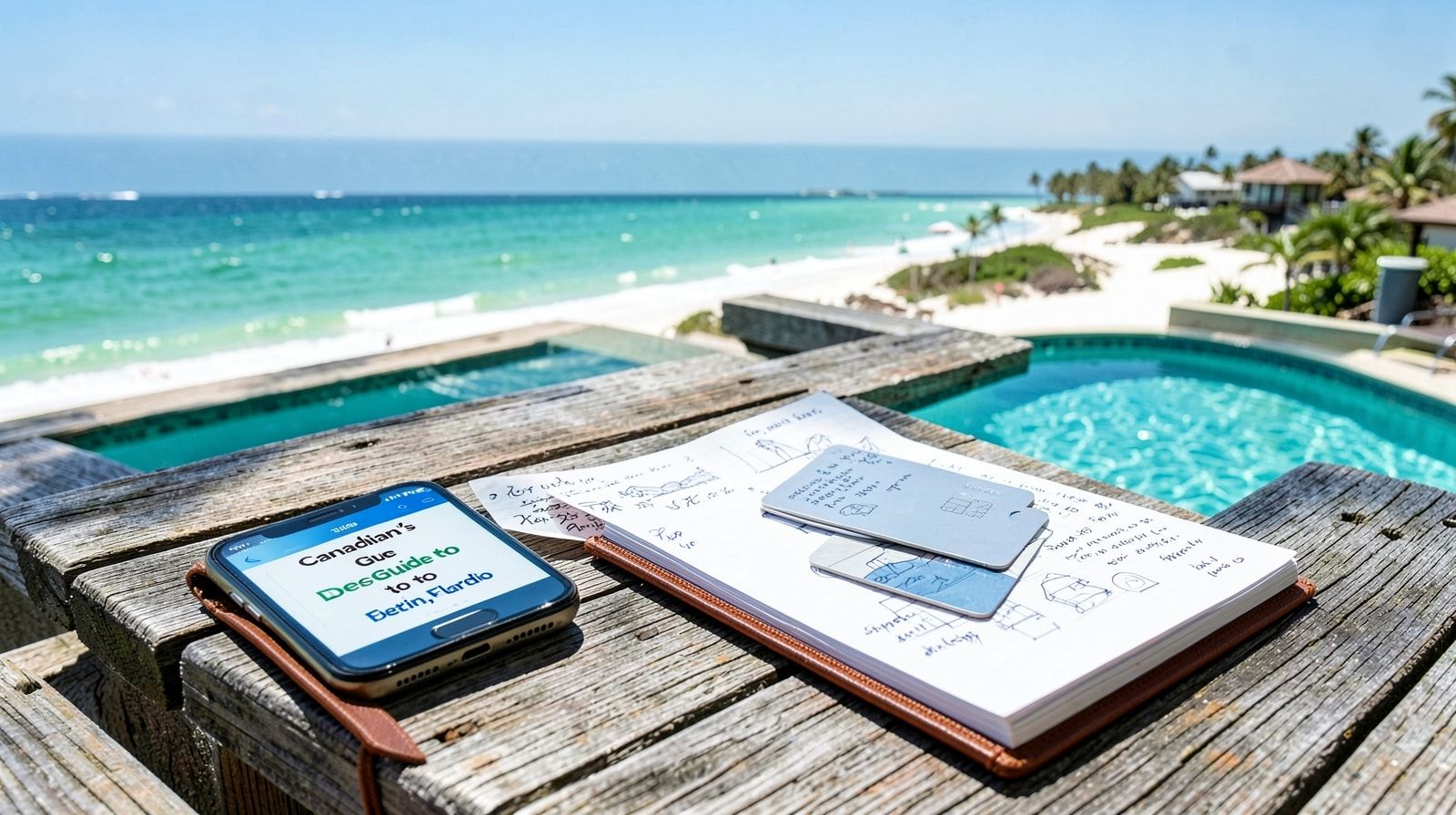 Vacation budget planning with phone, notebook and credit card on a sunny table overlooking a Florida pool