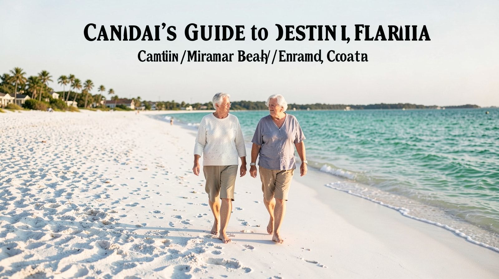 Two older adults walking barefoot along the Destin waterline in January morning light with empty beach ahead
