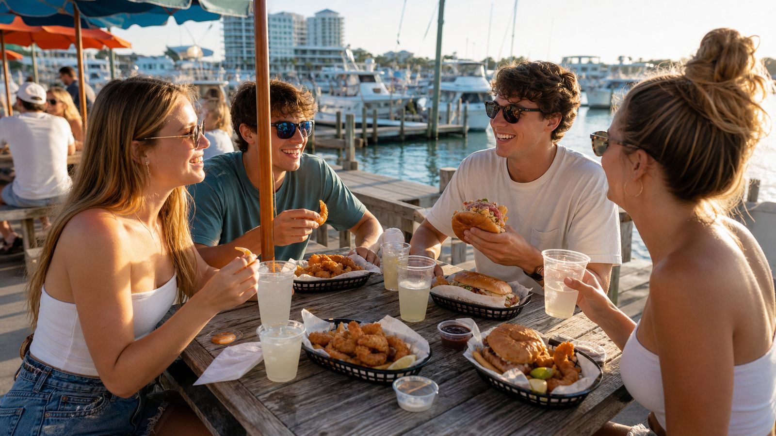 Young diners enjoying casual seafood at an outdoor restaurant near Destin Harbor Florida