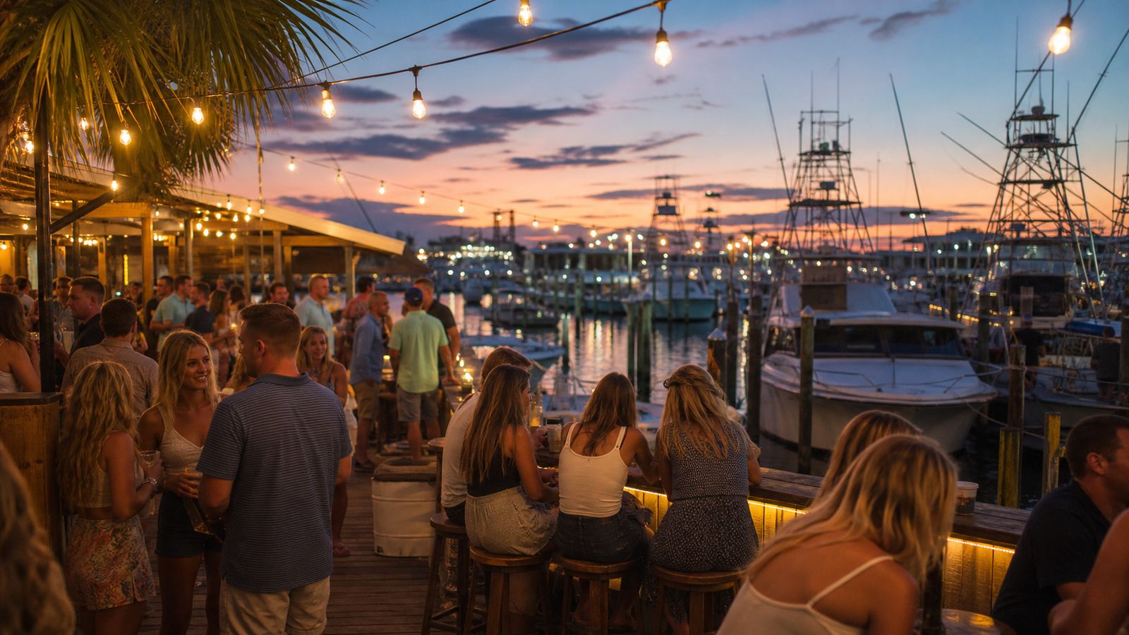 Evening scene at HarborWalk Village Destin Florida with string lights and a lively waterfront atmosphere