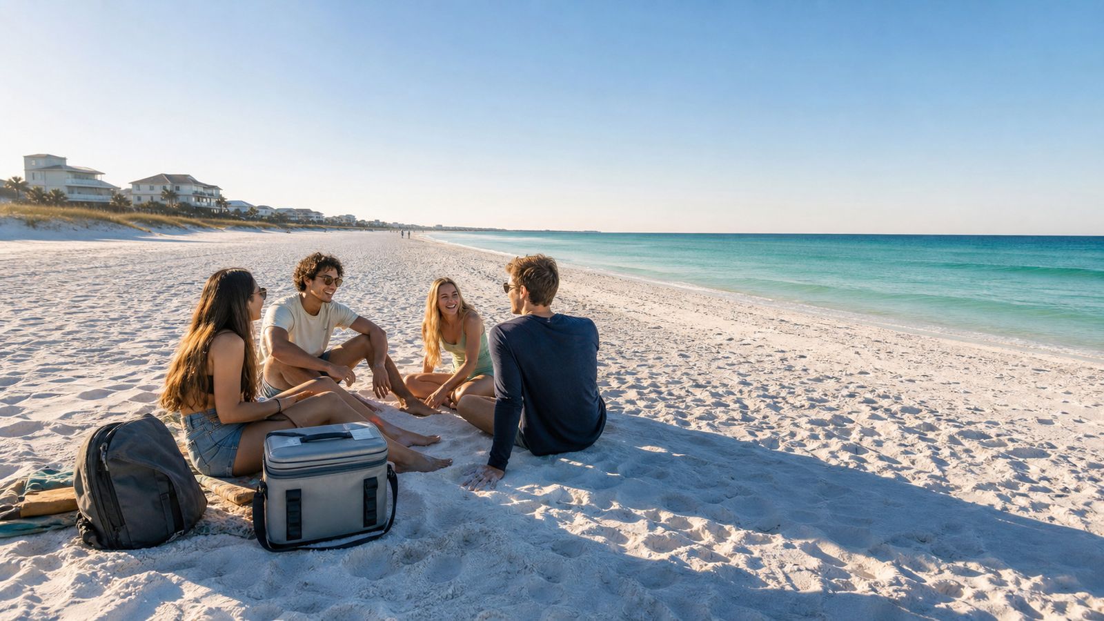 College students on Destin's white sand beach in the early morning before the crowds arrive