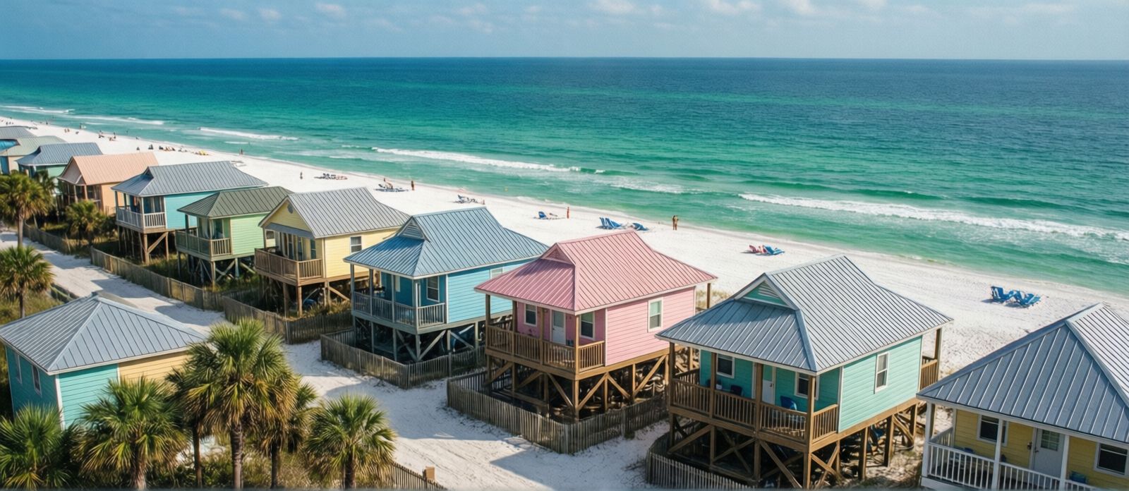 Colorful pastel beach cottages at Seaside, Florida along Scenic Highway 30A with turquoise Gulf water in the background