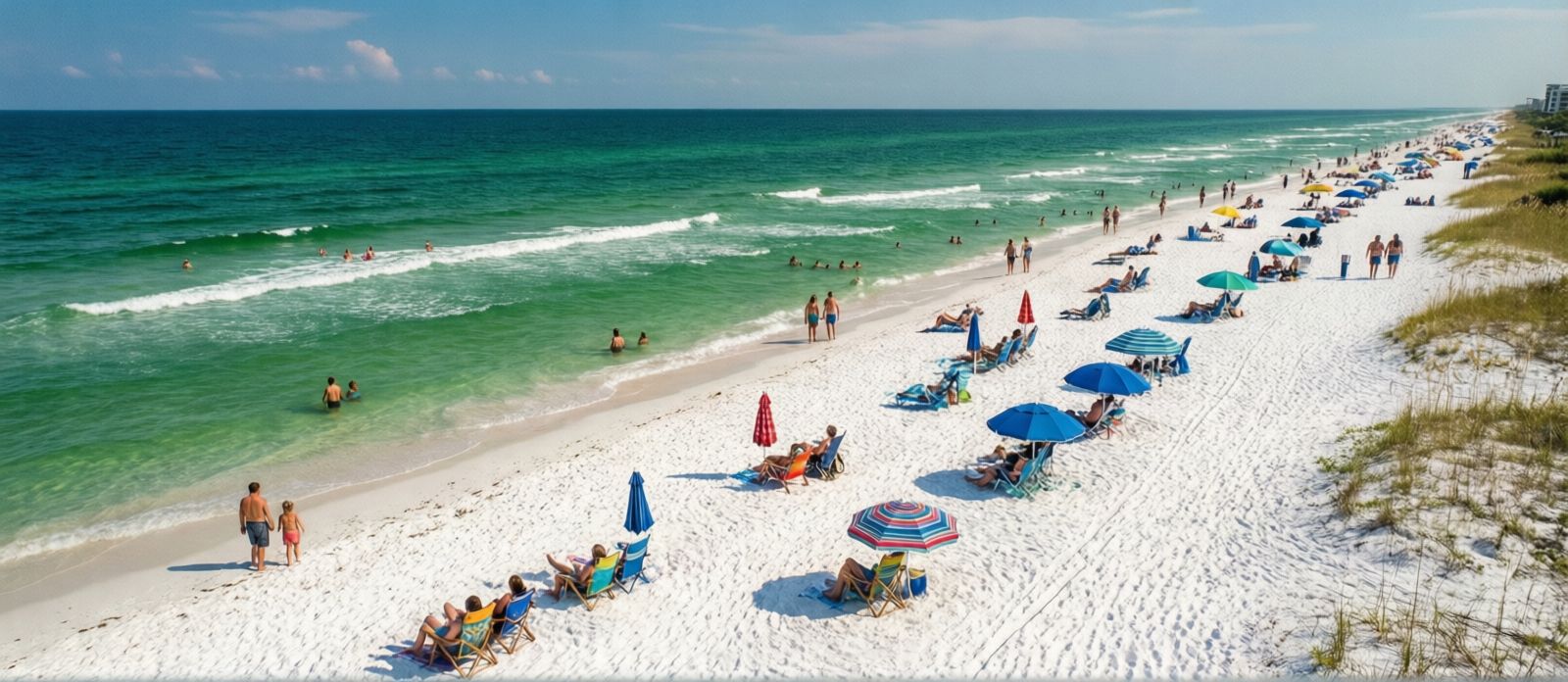 Wide white sand beach at Gulf Shores Alabama with emerald green Gulf water, families in beach chairs, and colorful umbrellas on a sunny summer day