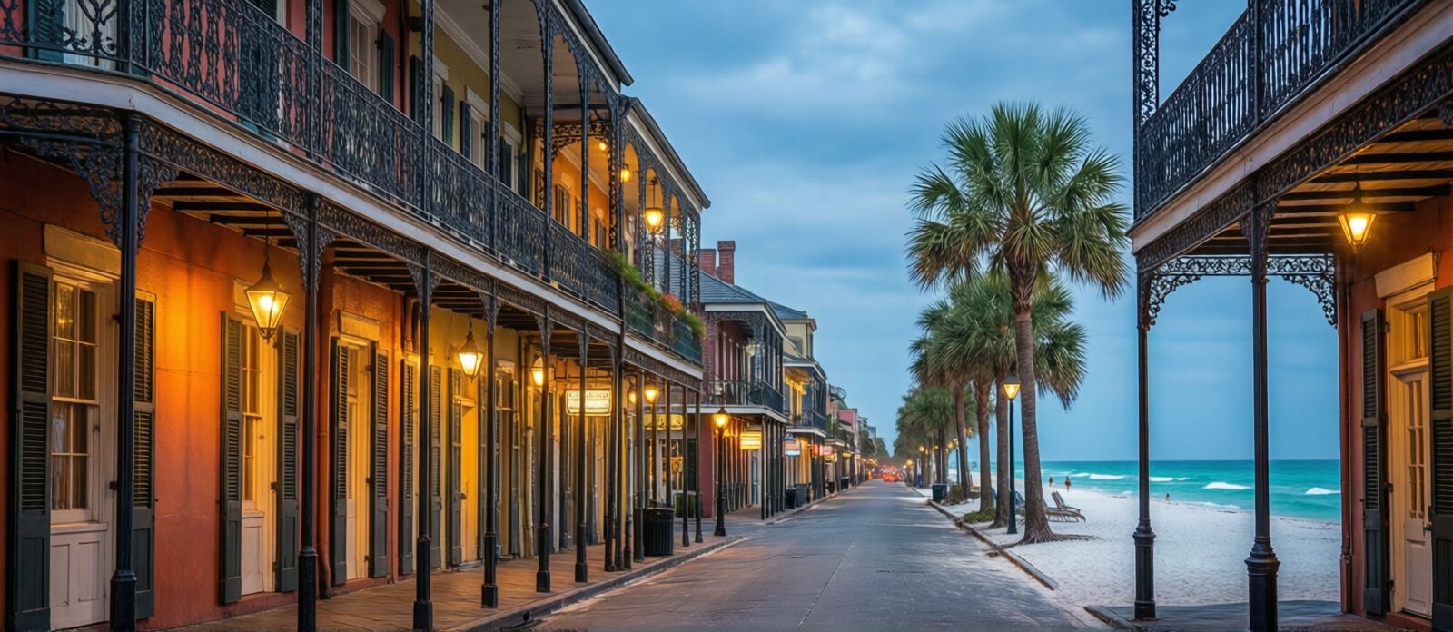 Bourbon Street in the French Quarter of New Orleans at dusk with ornate iron lace balconies, warm street lights, and colorful historic buildings