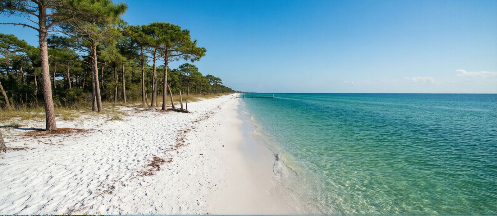 Pristine white sand beach at St. Andrews State Park in Panama City Beach Florida with crystal-clear emerald water, slash pines, and a quiet uncrowded shoreline