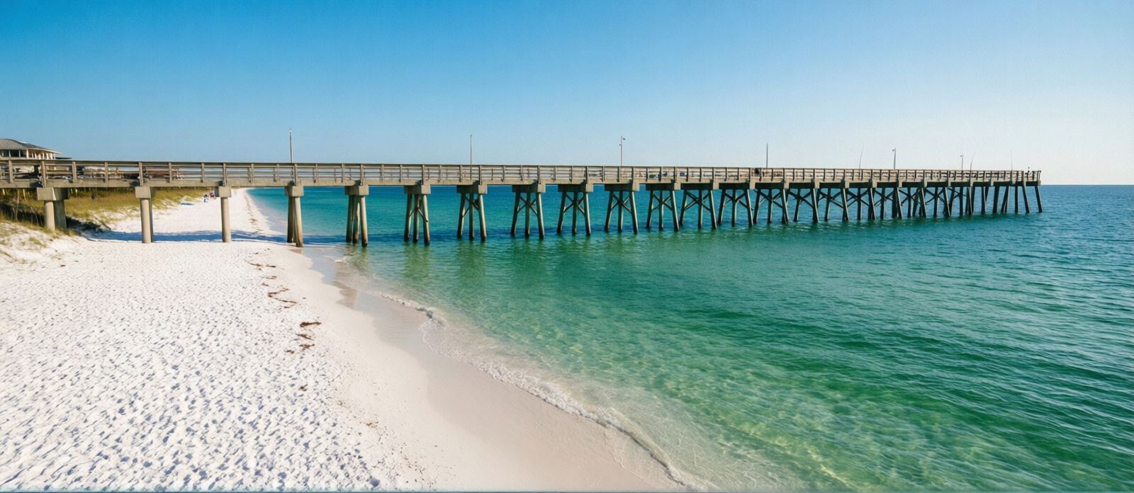 Powder-white beach at Pensacola Beach Florida with clear turquoise Gulf water and the long fishing pier extending into the horizon on a sunny day
