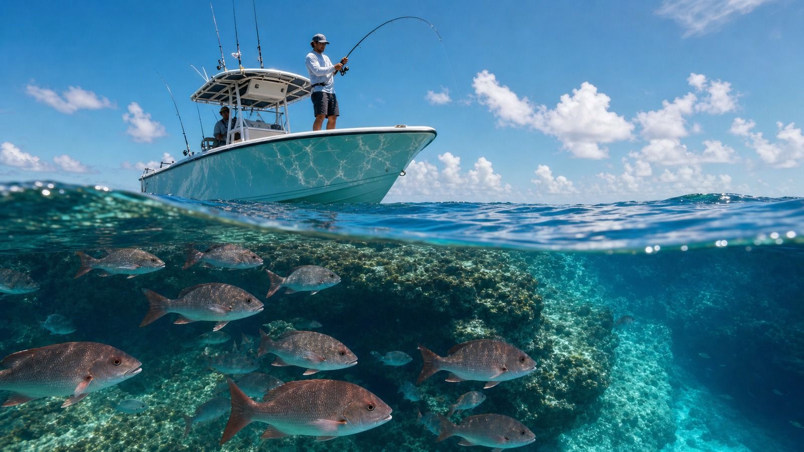 Split underwater and above-water view of a charter boat anchored over a limestone reef in the Gulf of Mexico off Destin with red snapper visible below