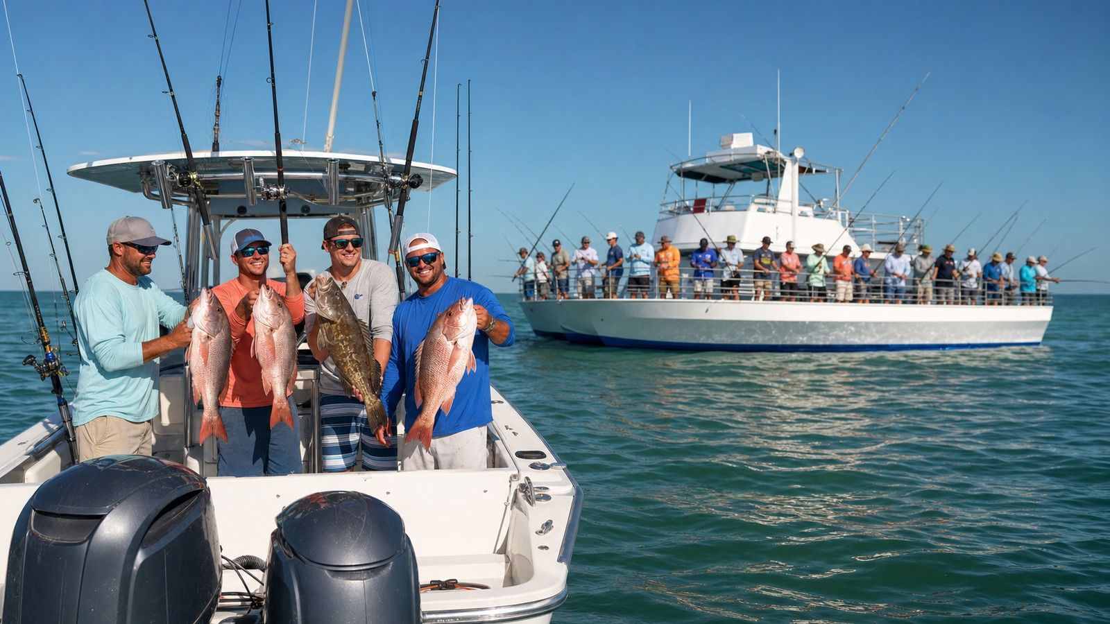 Private charter boat with a small group of friends in the foreground and a large party boat with many anglers in the background on the Gulf of Mexico