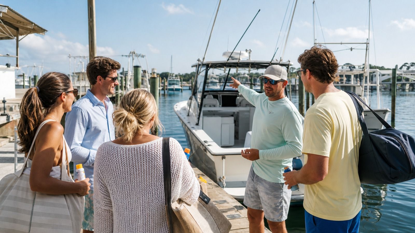A group of four people talking with a charter boat captain at a Destin Florida marina dock on a sunny morning