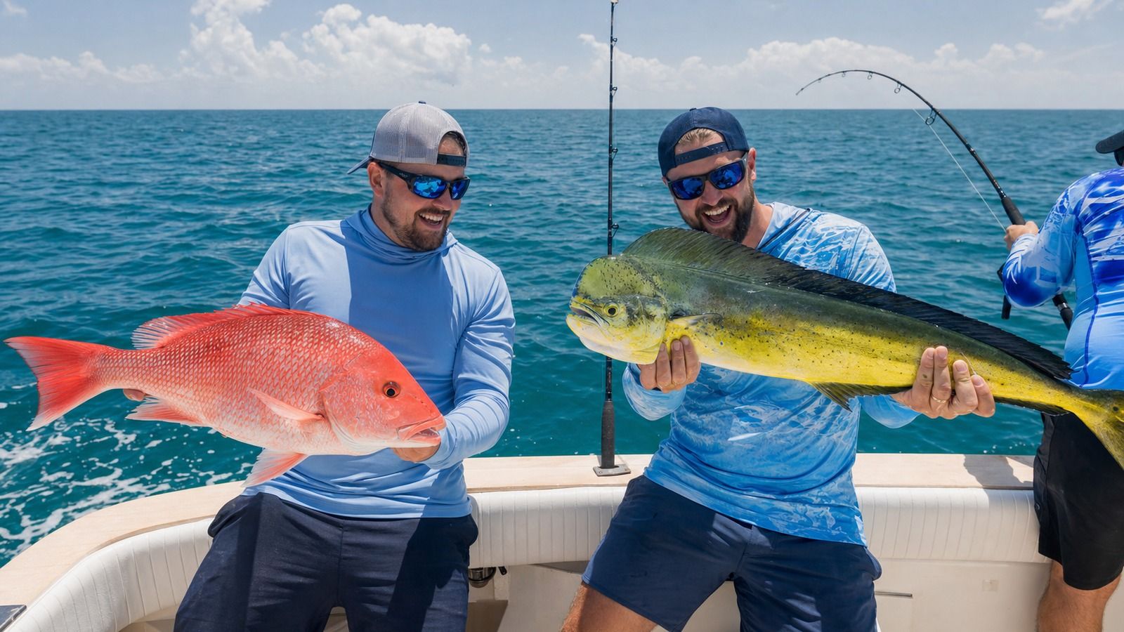 Two anglers on a deep sea charter boat holding a red snapper and a mahi-mahi caught in the Gulf of Mexico off Destin