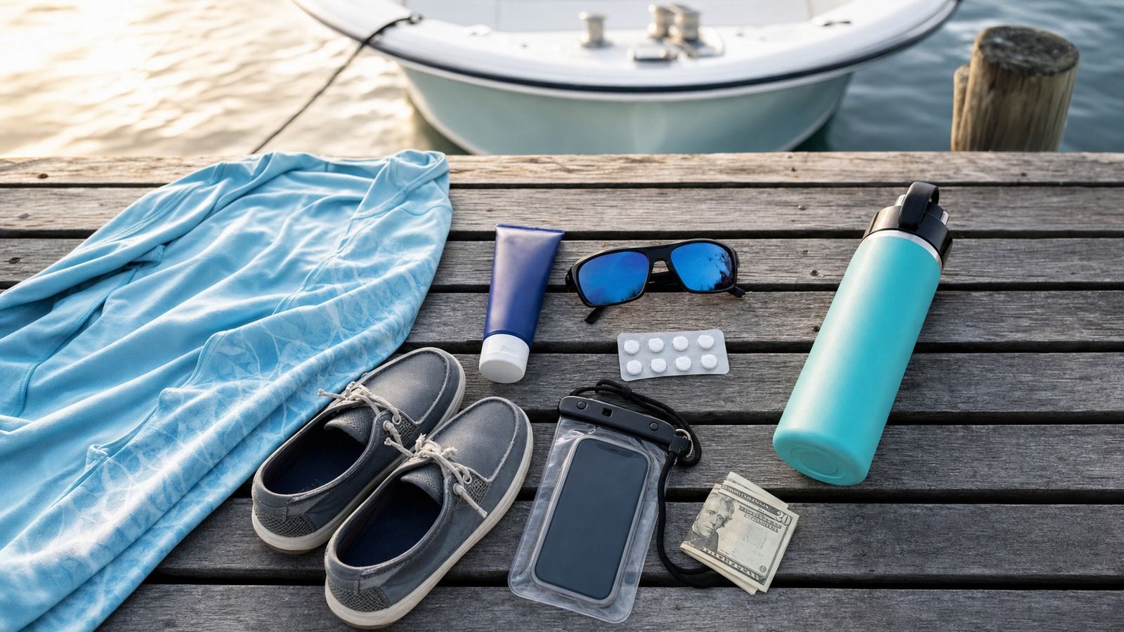 Flat lay of deep sea fishing essentials including sunscreen, polarized sunglasses, sun shirt, deck shoes, water bottle, and motion sickness medication on dock planks