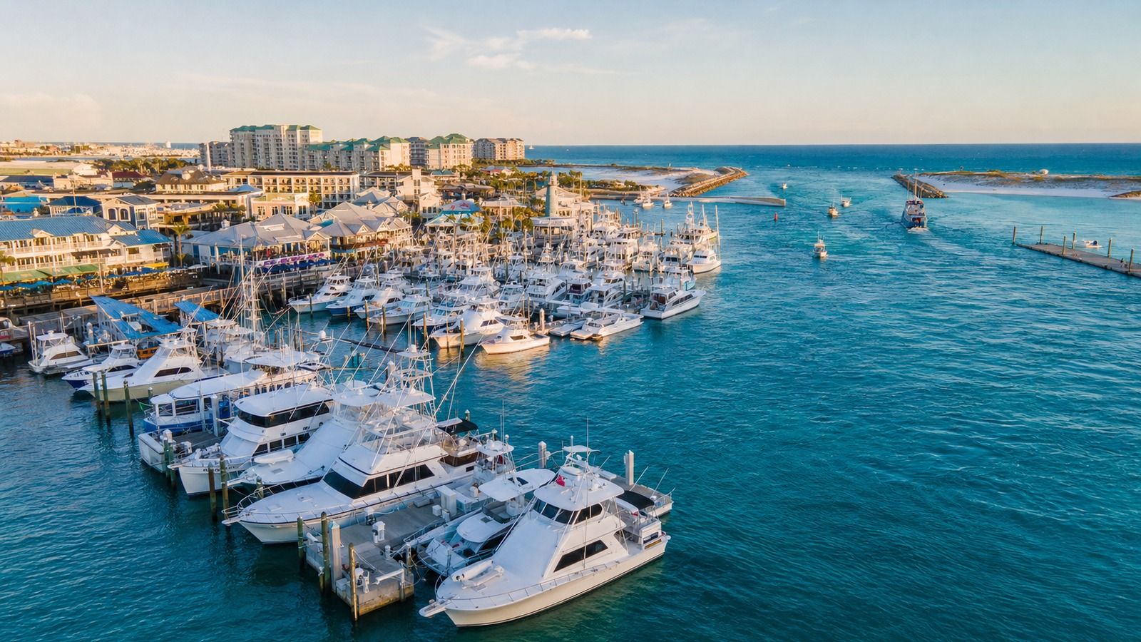 Aerial view of Destin Harbor packed with charter fishing boats on a clear summer morning