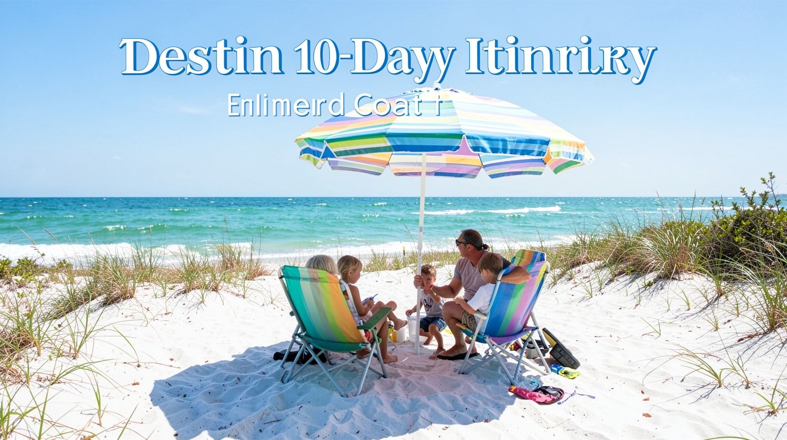 Family setting up beach chairs and umbrellas on Destin's white sand beach with turquoise Gulf water in the background