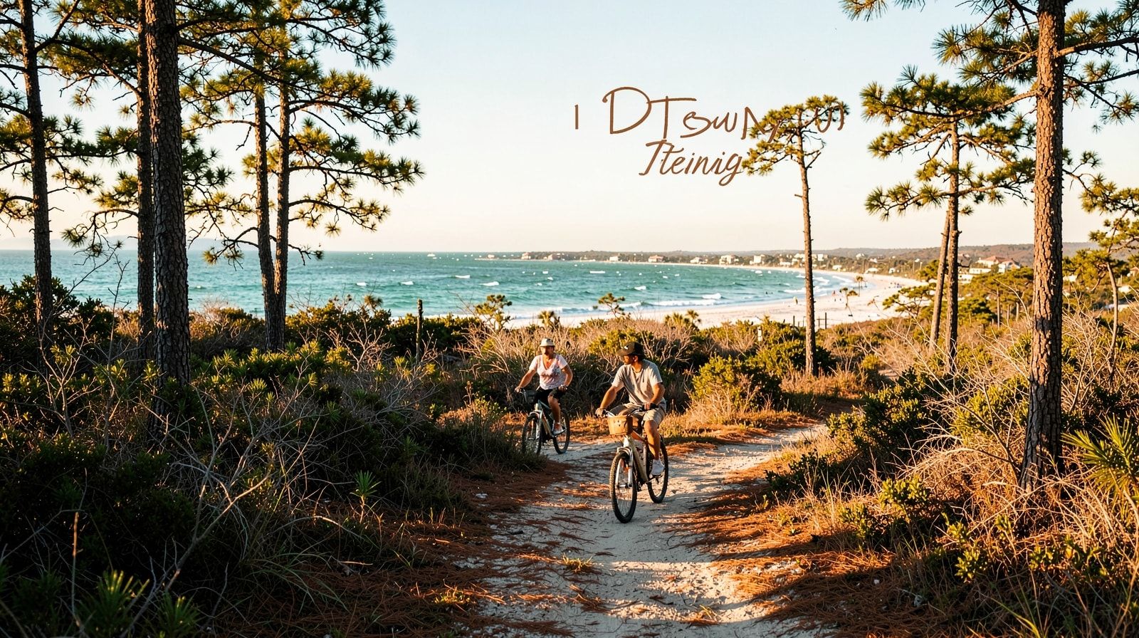 Couple cycling the 30A Timpoochee Trail through coastal scrub and pines near Grayton Beach Florida on a golden afternoon