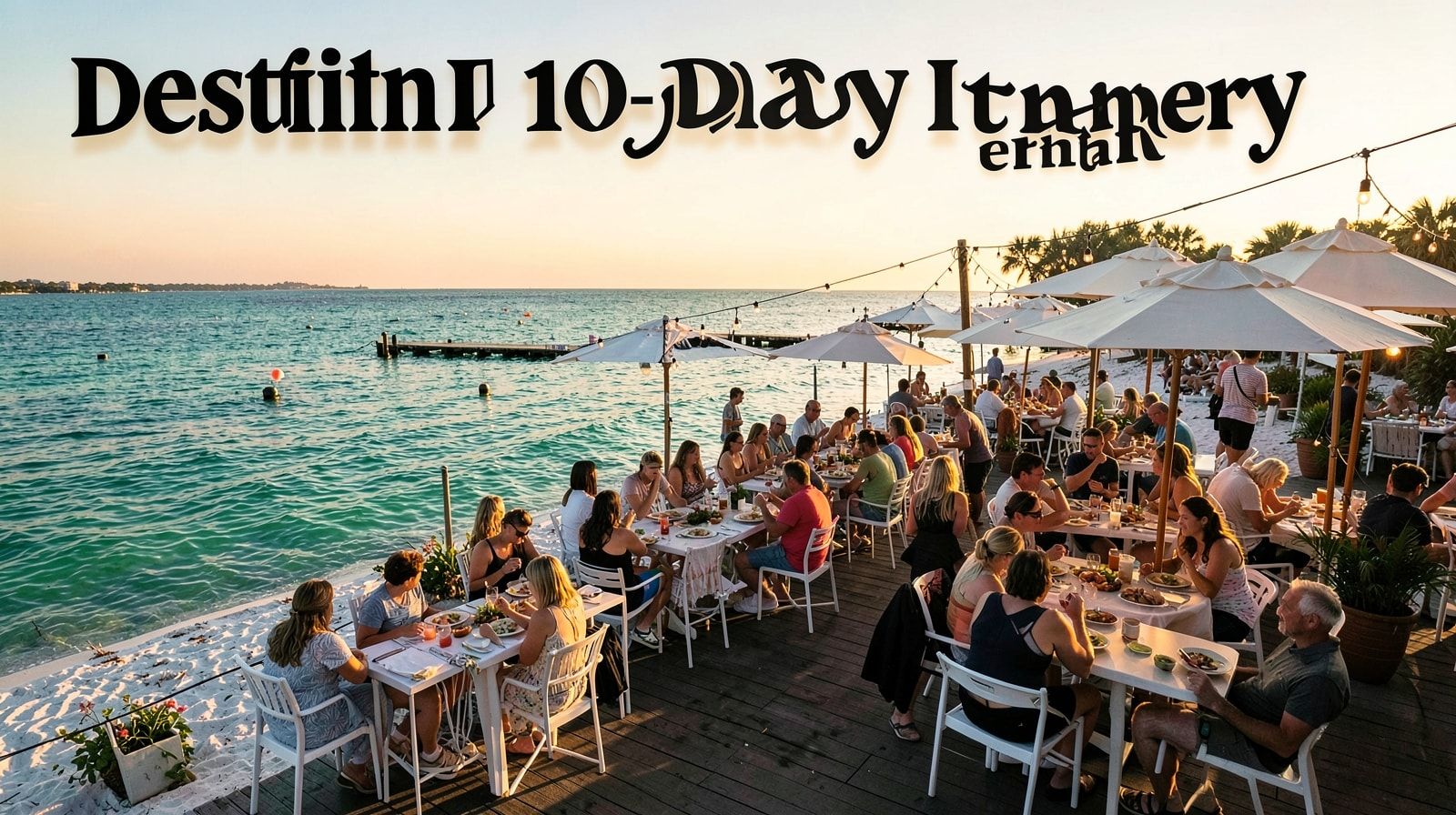 Waterfront seafood restaurant patio in Destin Florida at golden hour with diners enjoying harbor views and evening light