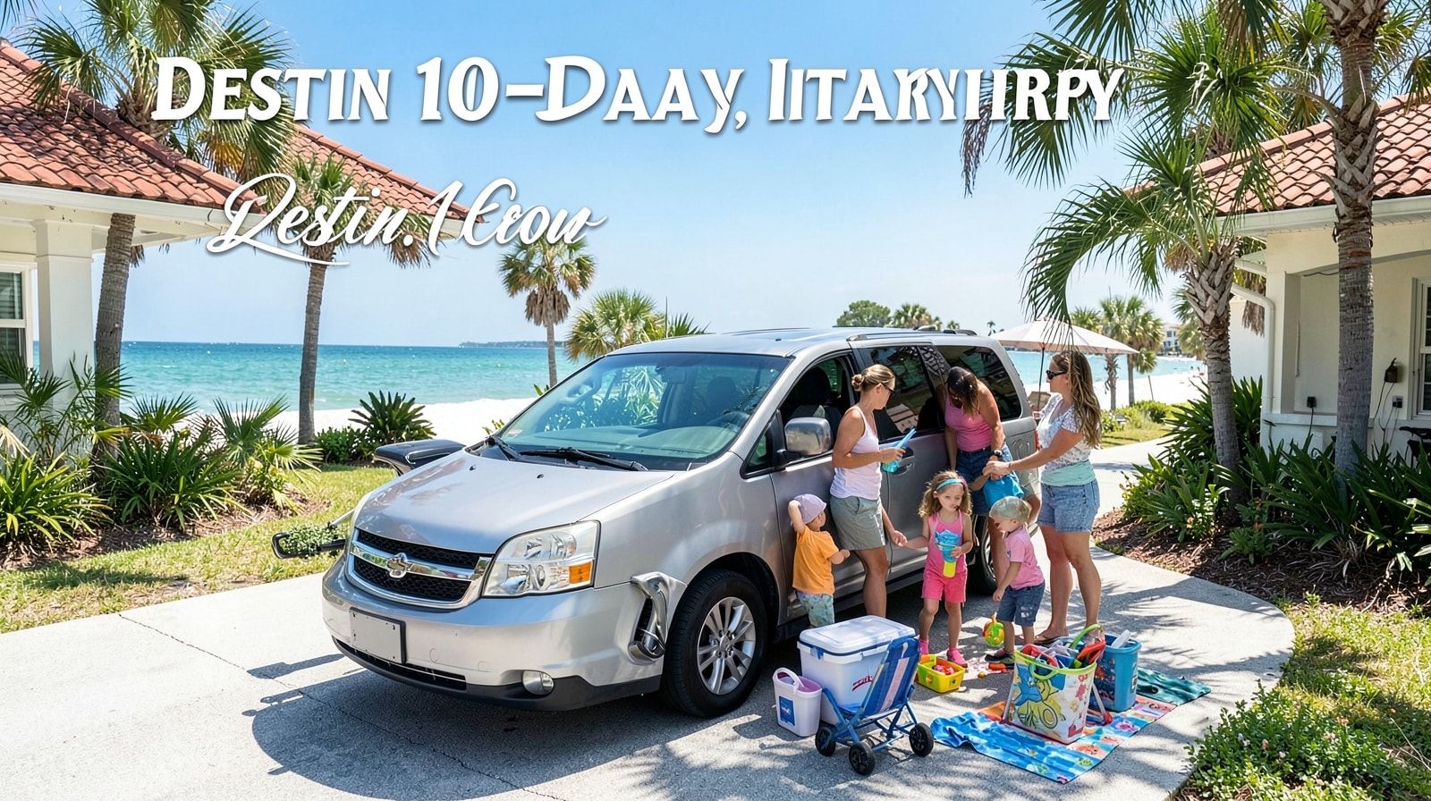 Family loading beach gear into a minivan for a summer road trip to Destin Florida on a sunny morning
