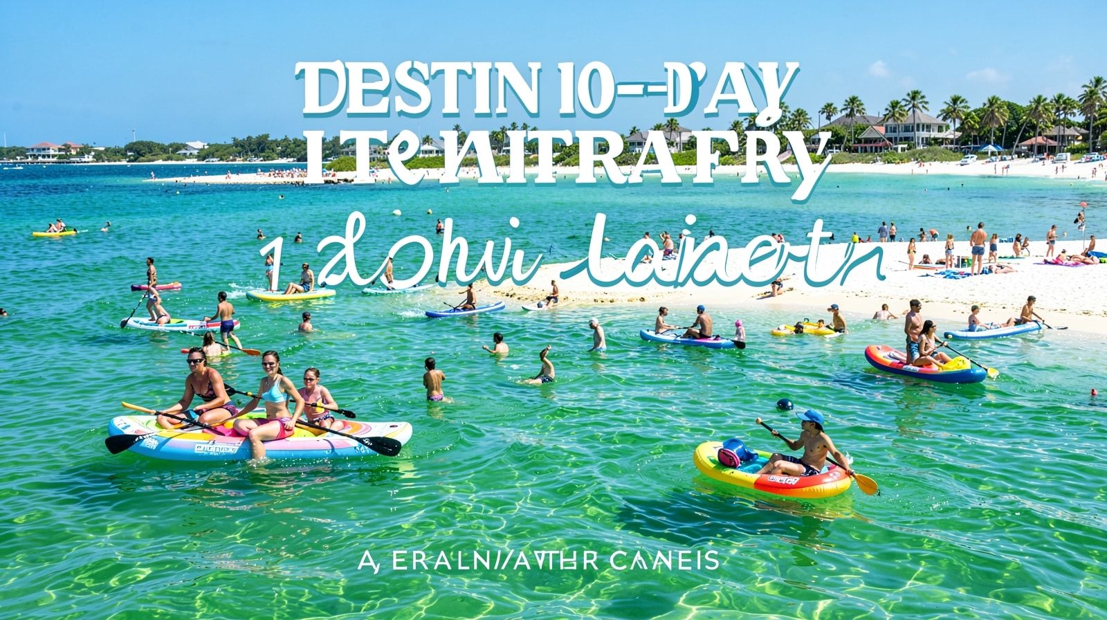 Families enjoying Crab Island sandbar in Destin Harbor on paddleboards and floats in clear emerald water on a summer afternoon