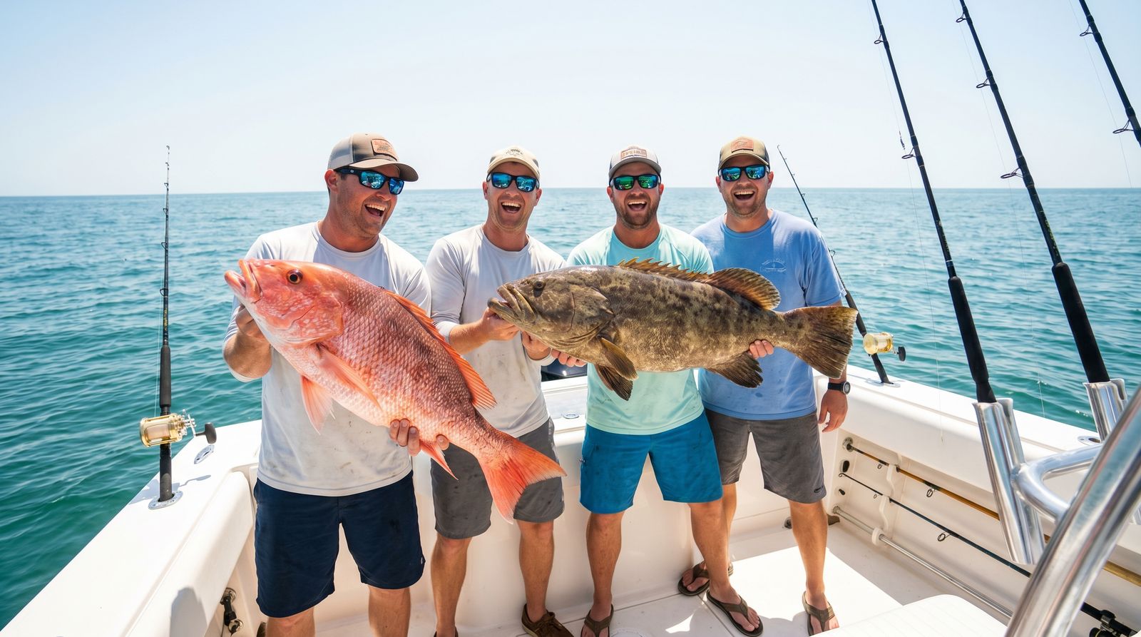 Group of happy anglers on a deep sea fishing charter boat holding up large red snapper and grouper catches in the Gulf of Mexico