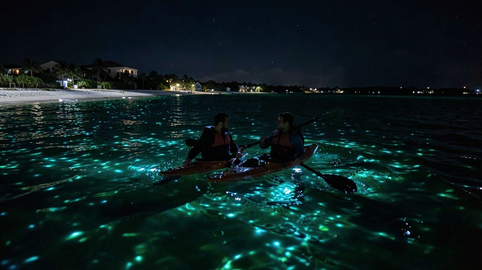 Two kayakers paddling through glowing blue-green bioluminescent water in a dark Florida bay at night
