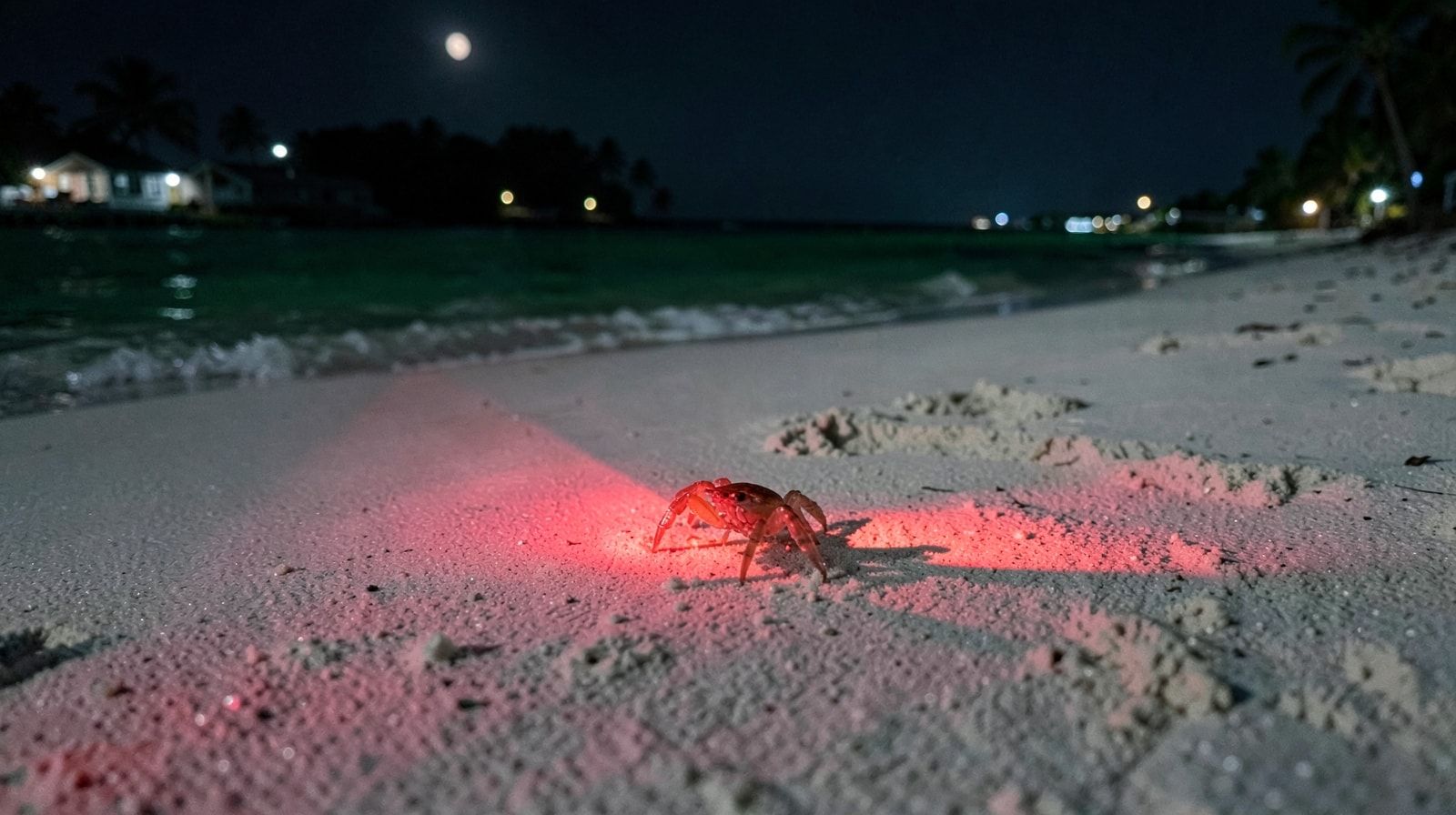 Ghost crab illuminated by a red flashlight on white sand at a Destin Florida beach at night