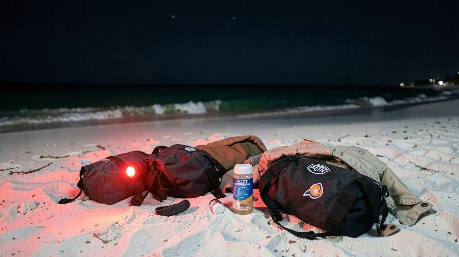 Night beach gear laid out including a red-filtered flashlight, insect repellent, dry bag, and light jacket