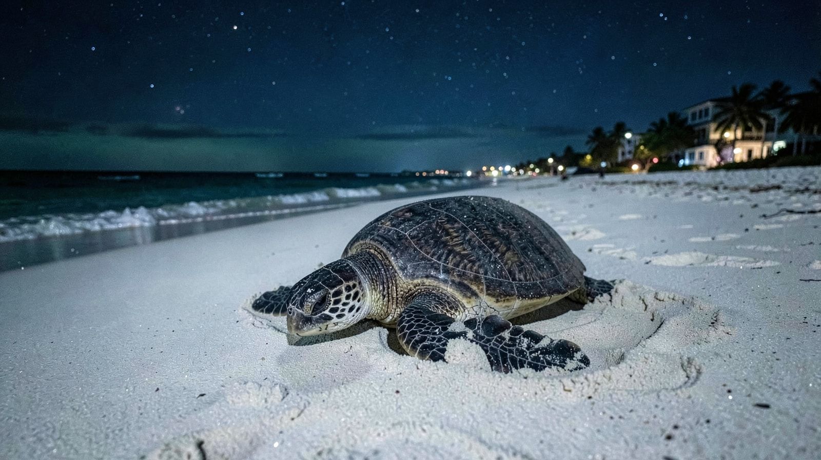 Loggerhead sea turtle crawling up a white sand Florida Panhandle beach at night under starlight to nest