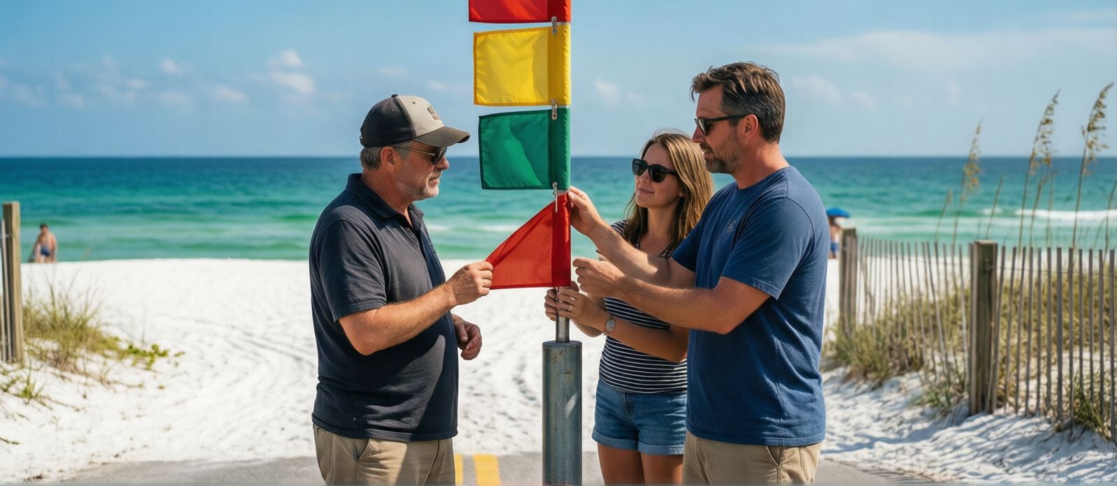 Family at a Destin Florida beach access point checking the colored safety flag on a metal pole before heading to the Gulf