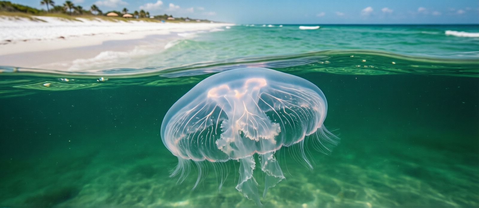 Translucent moon jellyfish floating just below the surface of clear emerald-green Gulf water near a Florida beach
