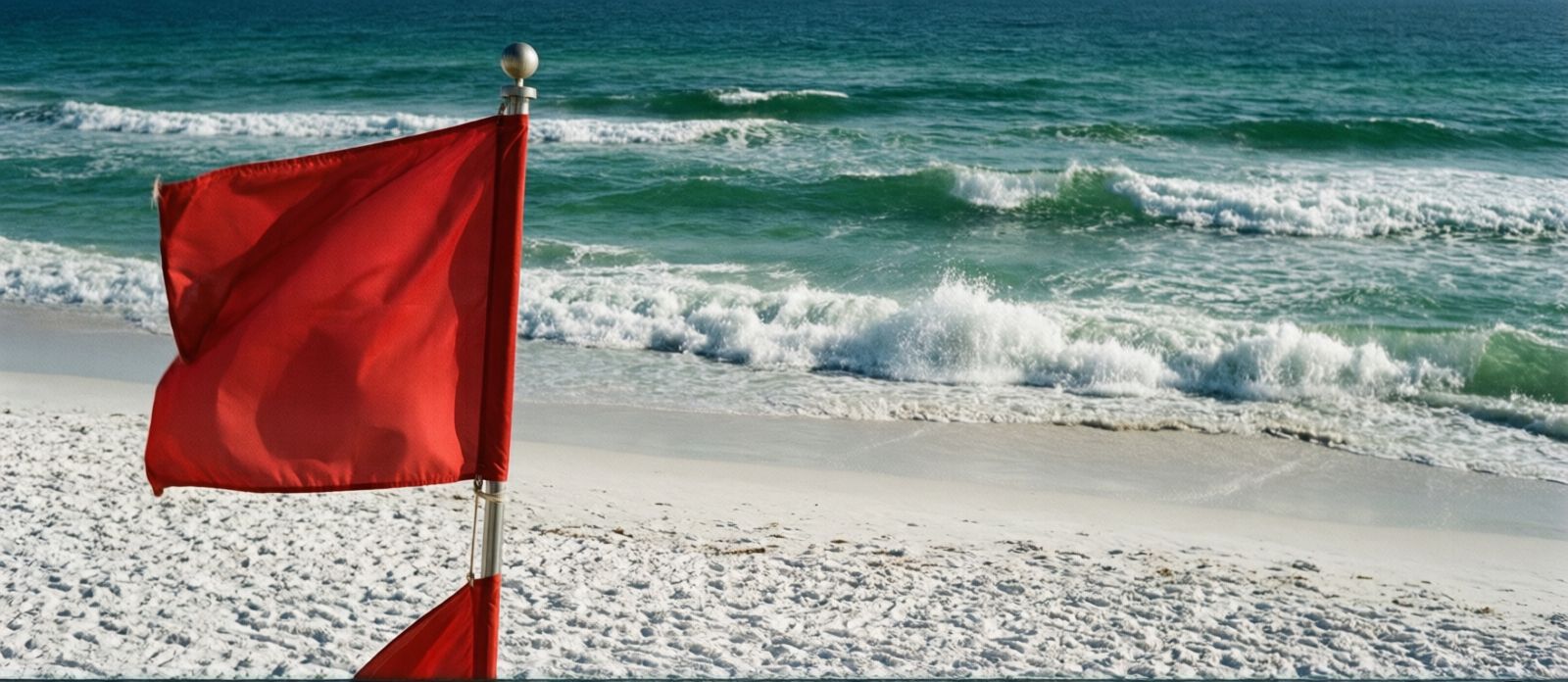 Red warning flags flying on poles on the white sand beach at Destin Florida with rough choppy Gulf surf in the background