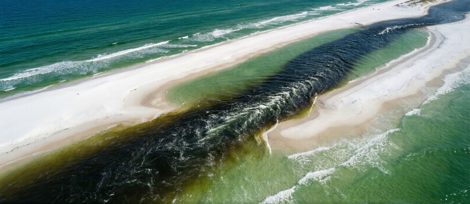 Aerial view showing a rip current channel as dark churning water cutting through lighter green surf between sandbars on a Florida beach