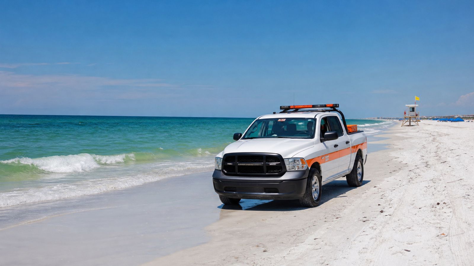 Okaloosa County Beach Safety patrol truck driving along the waterline on a wide Destin Florida beach on a clear summer day