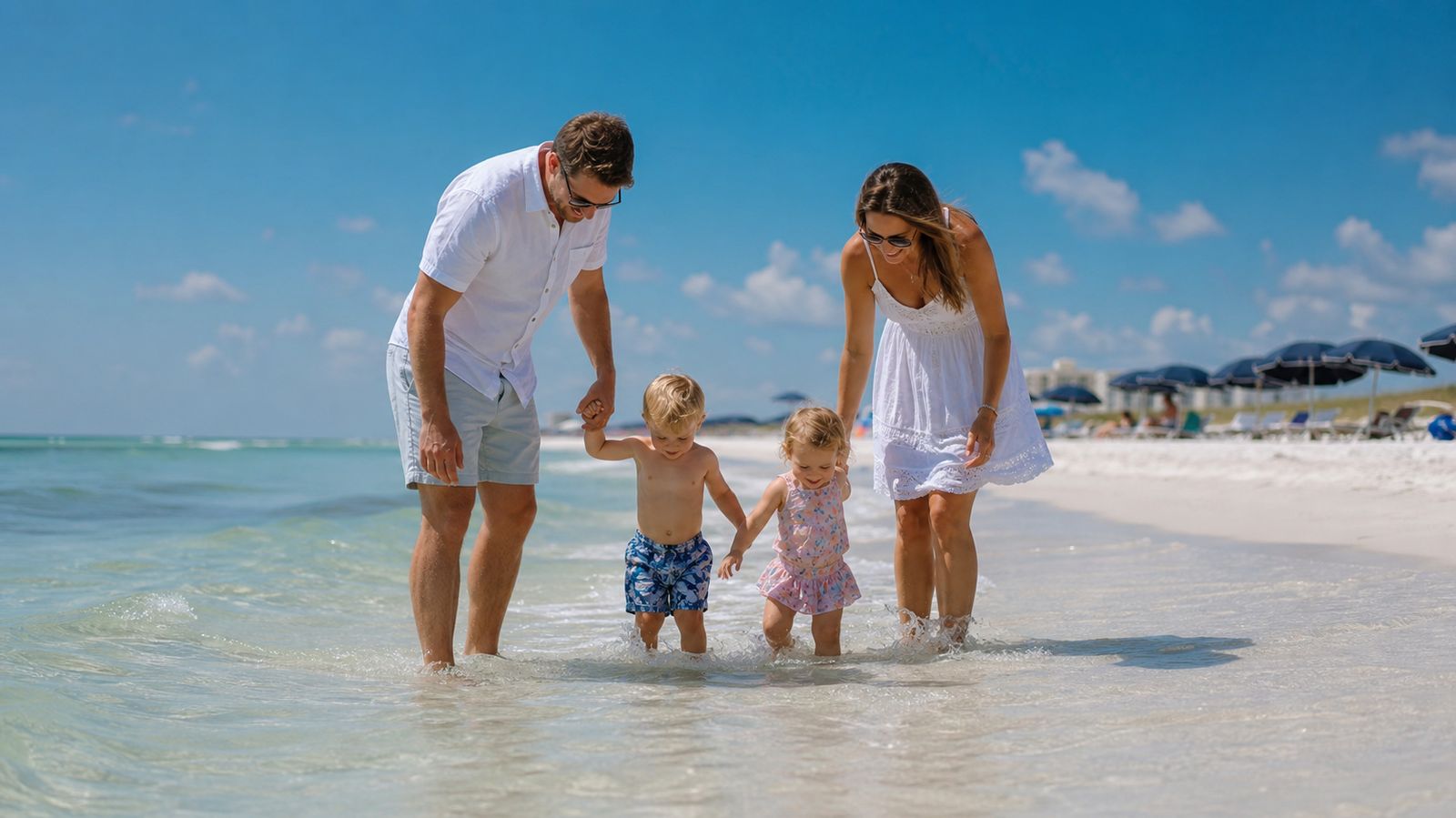 Family with young toddler children wading in ankle-deep Gulf water at Destin with parents on either side on a bright sunny summer day