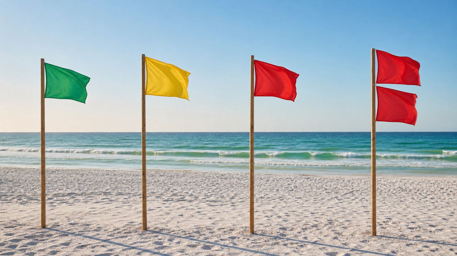 Four beach safety flags in green, yellow, single red, and double red colors on white-sand Destin beach with the emerald Gulf visible in the background