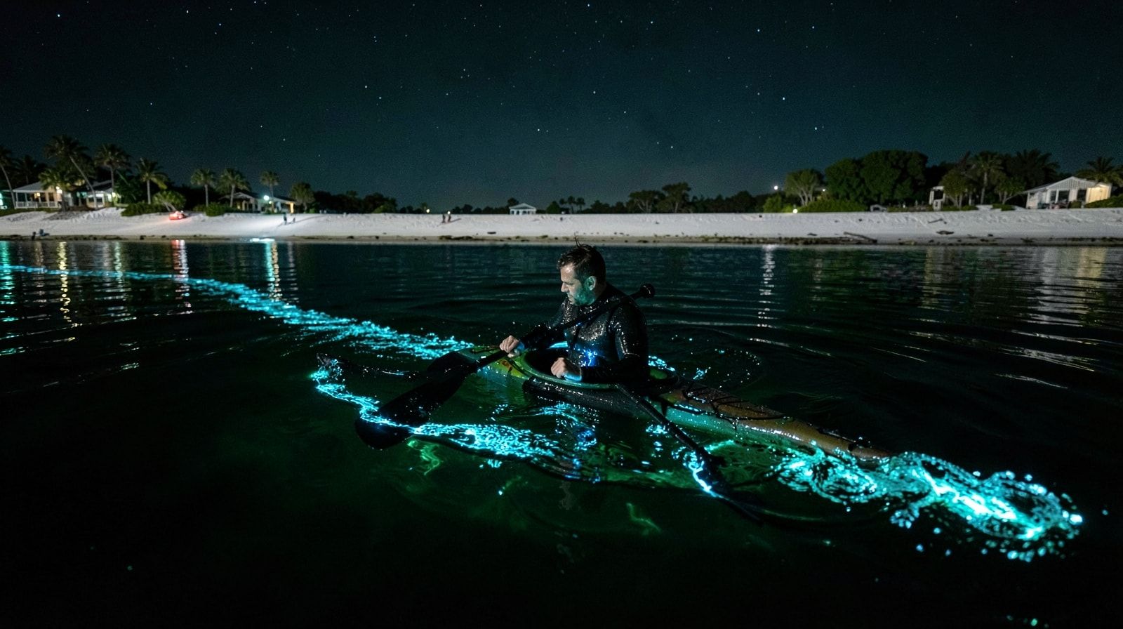 Solo kayaker dragging a hand through dark still backbay water at night with brilliant blue-green bioluminescence streaming from their fingers