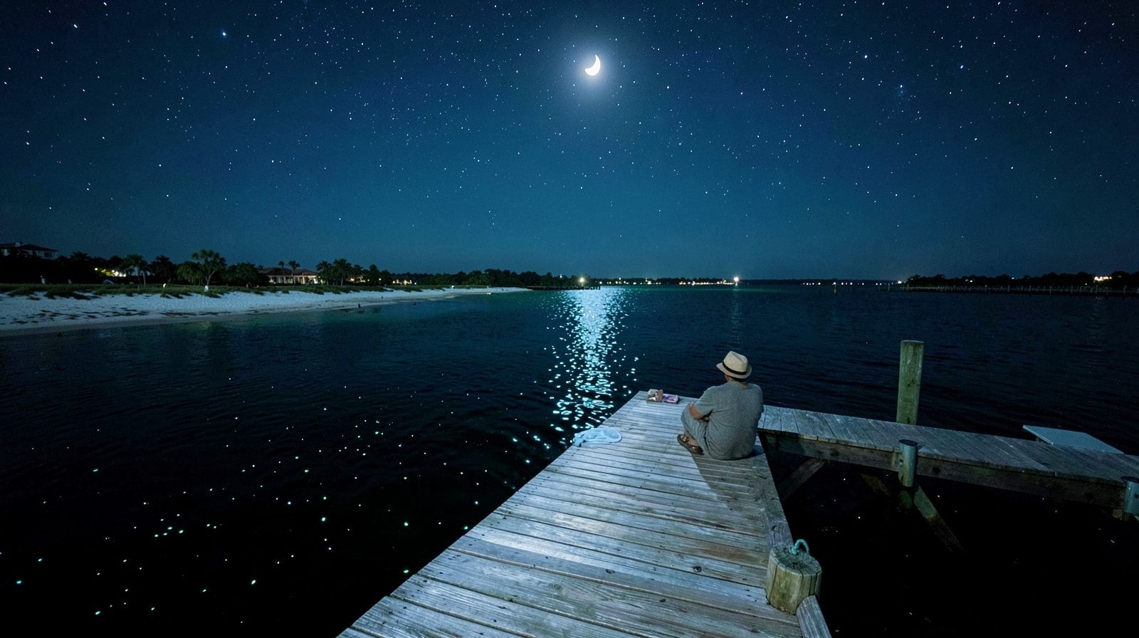 Person sitting on a wooden dock over dark still Florida backbay water at night looking up at a crescent moon in a clear star-filled sky